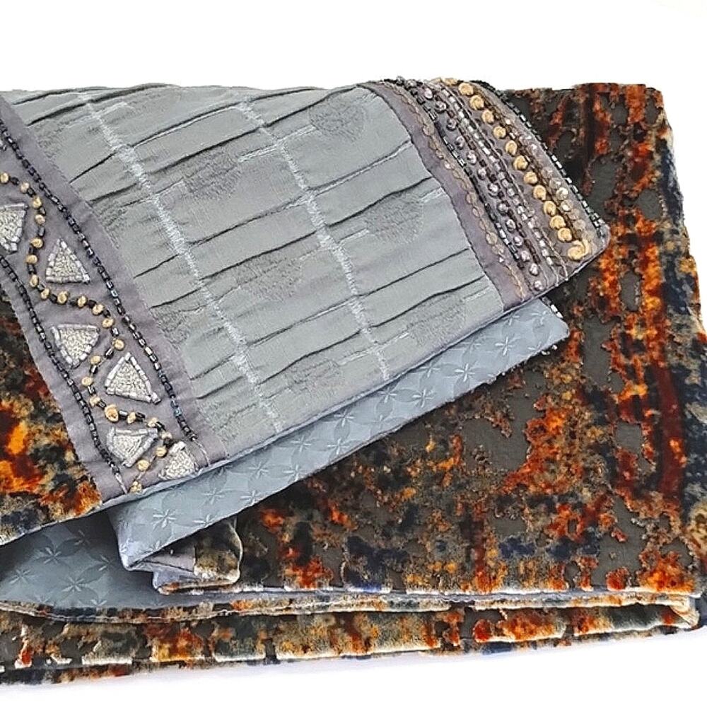 Pazuki London Silk & Wool Velvet Burnout Beaded Scarf Hand Made in England